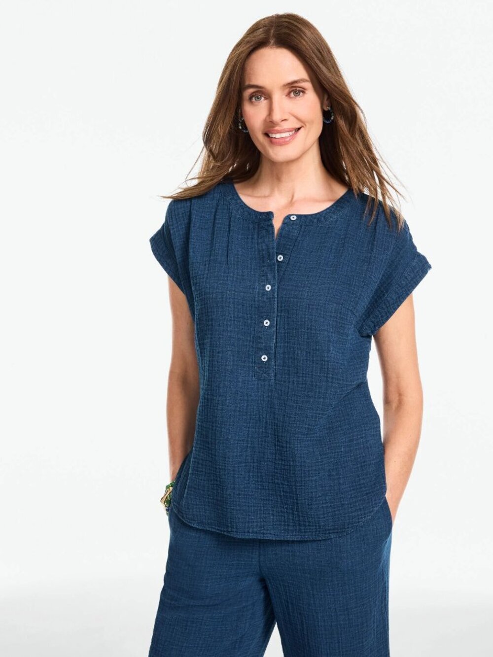 Talbots Gauze Band Collar Popover Indigo 100% Cotton 2026 Darker Medium Wash 3X